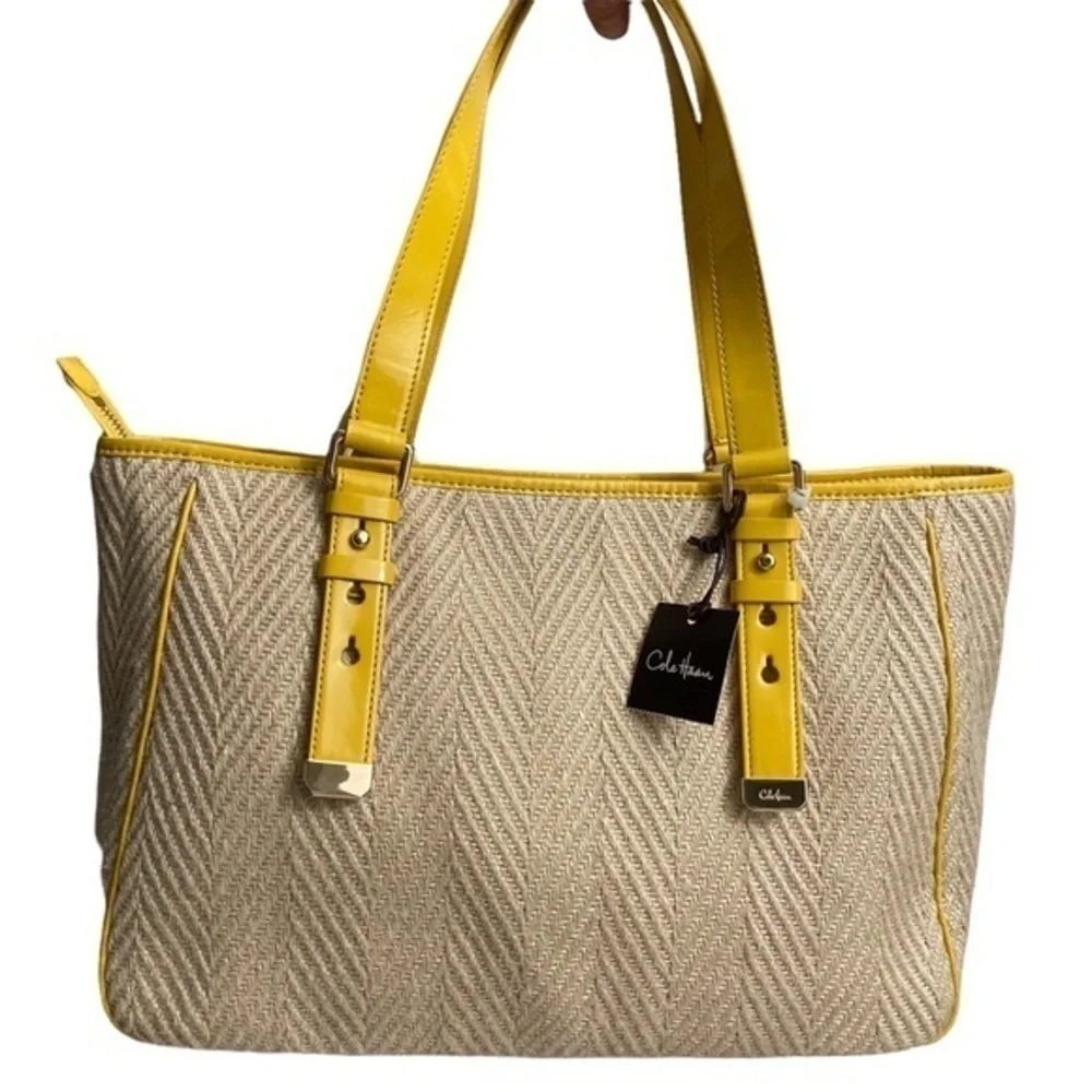 Cole haan wicker and yellow Jersey sea eat west tote nwt - Picture 3 of 13